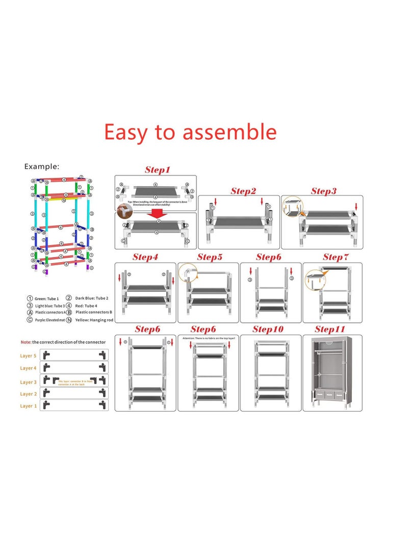 MIXDE - Fabric Wardrobe Clothes Storage Closet with Three Drawer Zipper Foldable Non-Woven Cover Hanging Rod Freestanding Canvas Garment Organizer Rack for Bedroom Home - Image 1