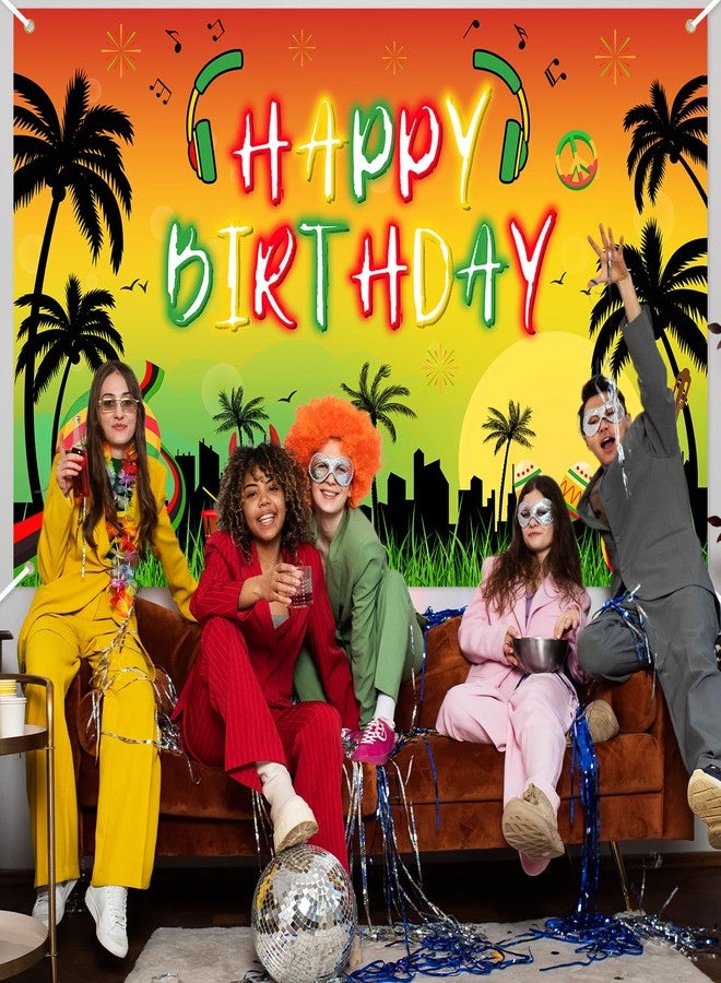 Avezano Reggae Birthday Backdrop Palm Tree Reggae Party Decorations Banner Rasta Jamaican Music Themed Happy Birthday Party Supplies Music Party Banner 70.8 x 43.3 Inch - Image 4