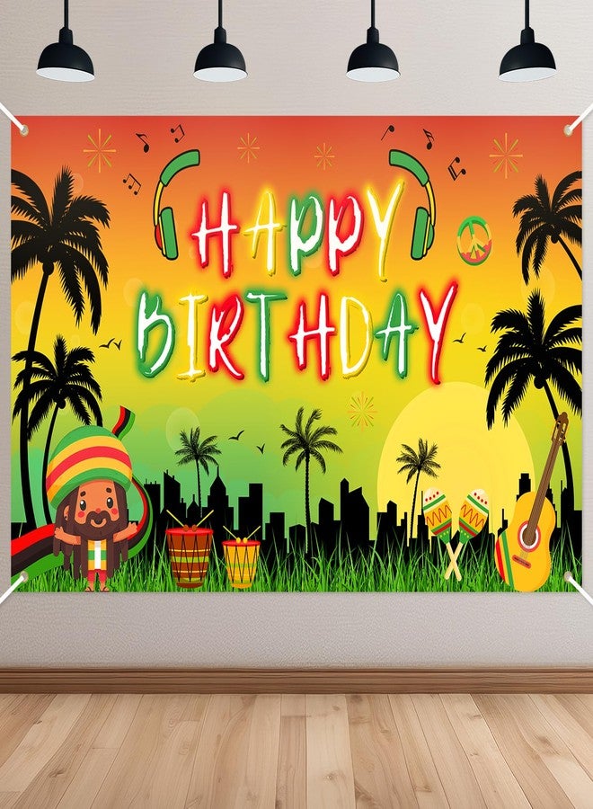 Avezano Reggae Birthday Backdrop Palm Tree Reggae Party Decorations Banner Rasta Jamaican Music Themed Happy Birthday Party Supplies Music Party Banner 70.8 x 43.3 Inch - Image 1