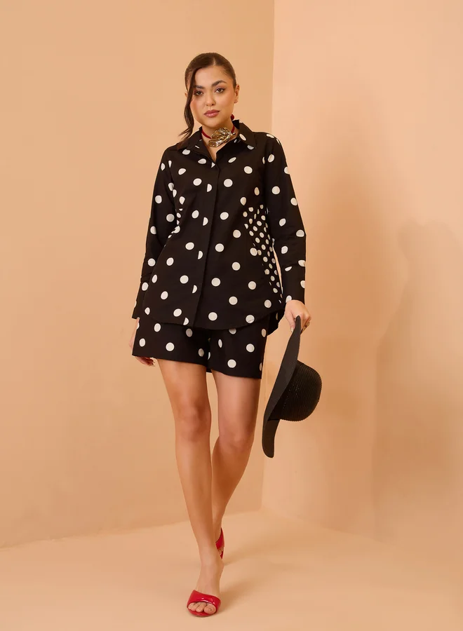 SASSAFRAS Black Cotton Polka Dot Shirt and Shorts Co-Ords