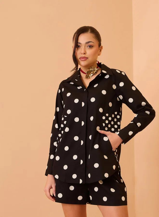 SASSAFRAS Black Cotton Polka Dot Shirt and Shorts Co-Ords