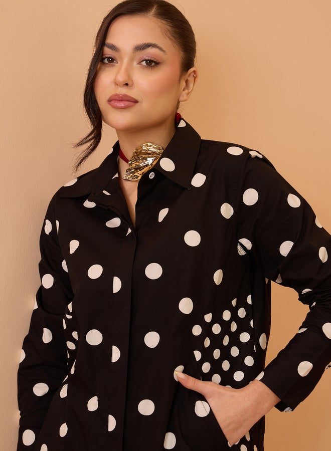 SASSAFRAS Black Cotton Polka Dot Shirt and Shorts Co-Ords - Image 4