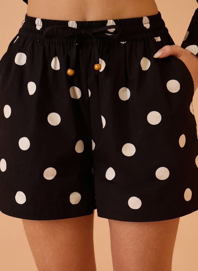 SASSAFRAS Black Cotton Polka Dot Shirt and Shorts Co-Ords - Image 5