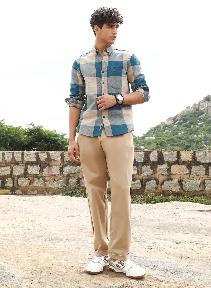 Campus Sutra Campus Sutra Men's Azure Blue & Off-White Buffalo-Woven Regular Shirt | Button-Down Collar , Long Sleeve Cuffed Sleeves , Button Closure | Checks Checks | Cotton Shirt For Casual Wear