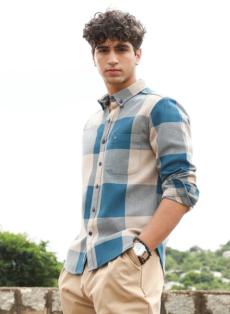 Campus Sutra Campus Sutra Men's Azure Blue & Off-White Buffalo-Woven Regular Shirt | Button-Down Collar , Long Sleeve Cuffed Sleeves , Button Closure | Checks Checks | Cotton Shirt For Casual Wear