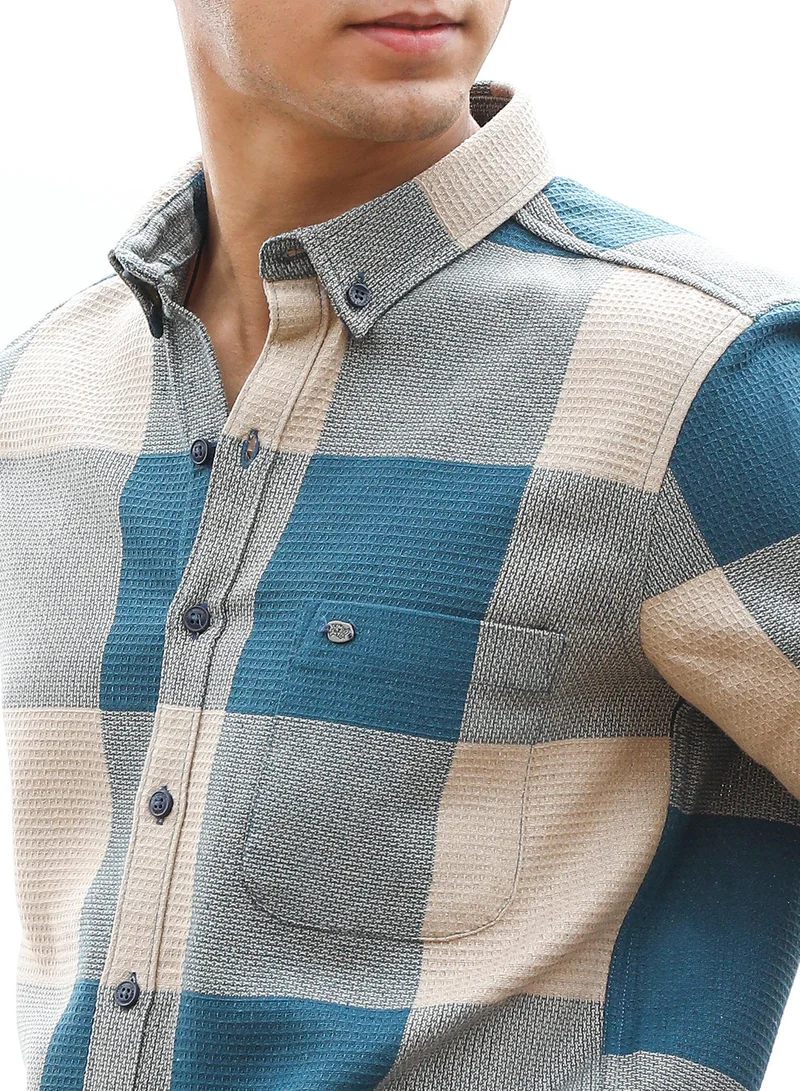 Campus Sutra Campus Sutra Men's Azure Blue & Off-White Buffalo-Woven Regular Shirt | Button-Down Collar , Long Sleeve Cuffed Sleeves , Button Closure | Checks Checks | Cotton Shirt For Casual Wear