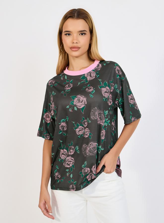 Styli Oversized Floral Graphic Longline T-Shirt  - Image 1