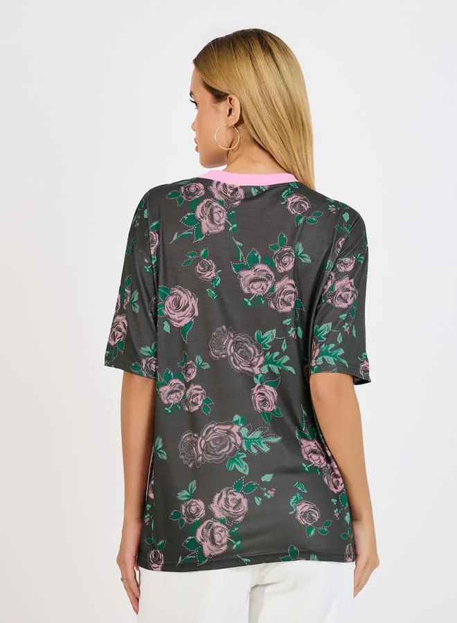 Styli Oversized Floral Graphic Longline T-Shirt