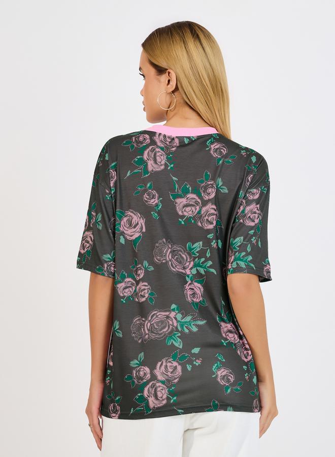 Styli Oversized Floral Graphic Longline T-Shirt  - Image 4