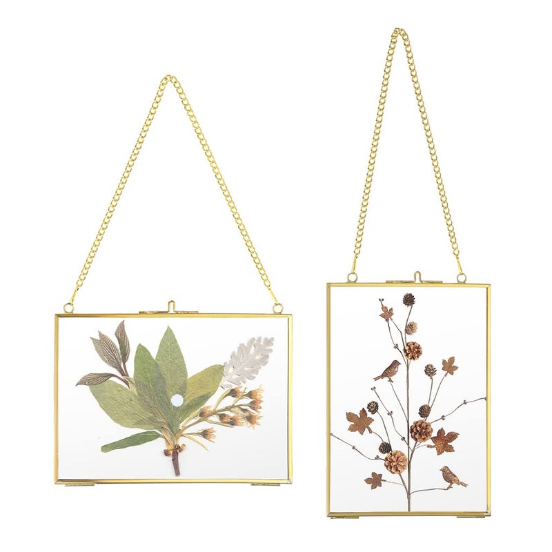 JUXYES Picture Frame Set of 2 Brass Floater Frame Golden Glass 5 x 7 inches Modern Art Design Wall Hanging