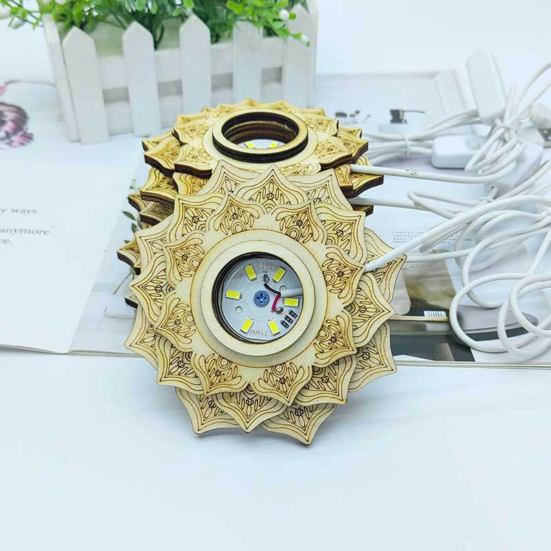 Wooden Seven-Star Array Lamp Holder Three-Layer Lotus Led Night Light Crystal Ball Ball Holder Root Carving Round Lamp Holder Cold And Warm Colored Light - Image 5