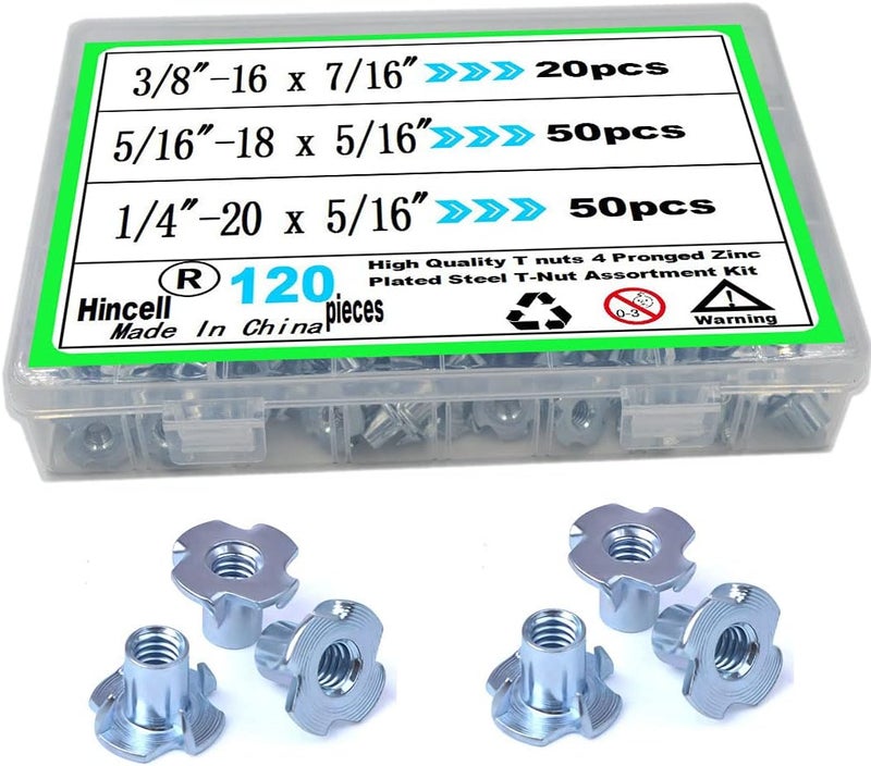 Hincell 120pcs Zinc Plated Steel T-Nut Assortment Kit - 4 Pronged Tee Blind Nuts for Wood and Furniture - Image 1