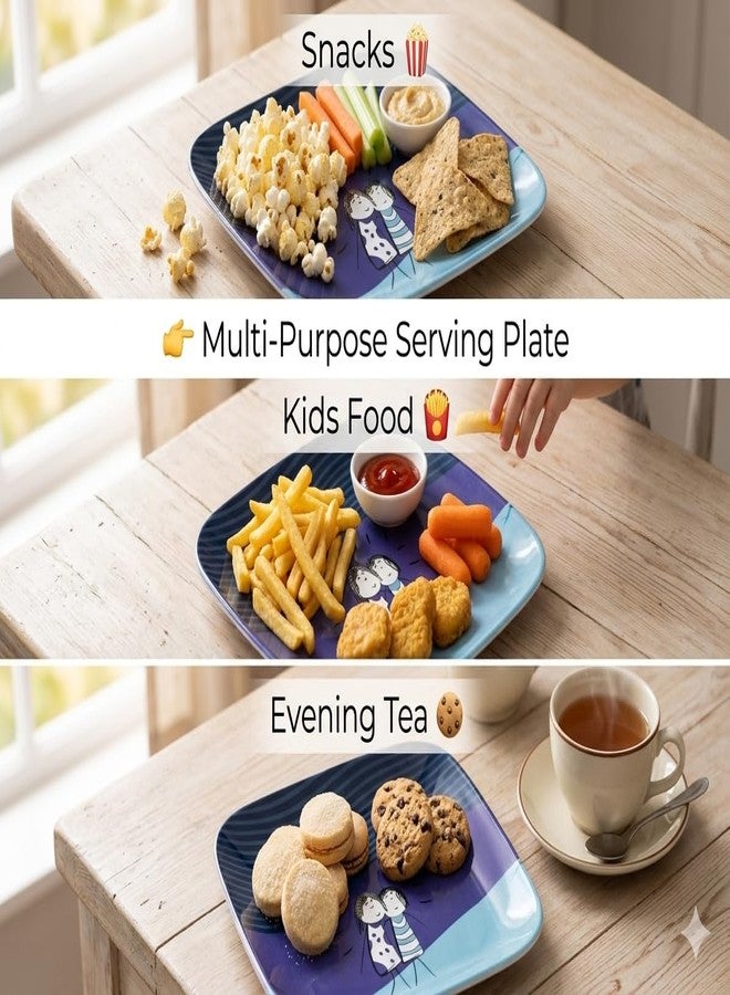 SALEPUSH Melamine Dinner Plate 3 Compartments Rectangular | Non-Breakable Meal Plate with 3 Sections | Partitioned Melamine 24×21 cm (Blue Snacks Plate) - Image 5