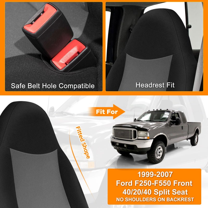 Kistrba Front Seat Cover Compatible with 1999-2007 Ford F250-F550, Front 40/20/40 Split Bench Seat Cover, Neoprene Fabric with Pointed Molded Headrests & Opening Console, No Shoulder on The Backrests - Image 2