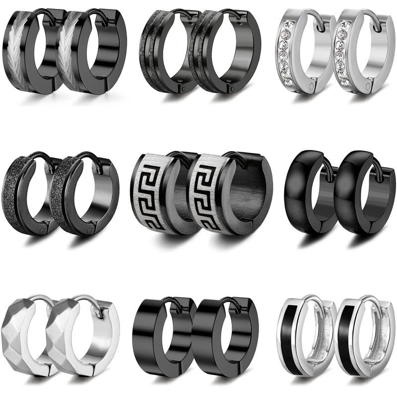 RIOSO 9Pairs Hoop Earrings for Men Stainless Steel Black Men's Hoop Earring - Image 1