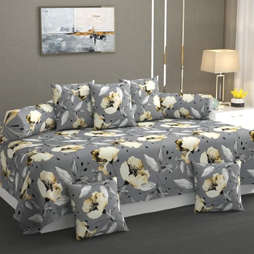 TIB® Polycotton Waterproof Diwan Bed Cover 8 Piece Set, Bedsheet (152x228 cm), 2 Bolster Covers (40x78 cm), 5 Cushion Covers (40x40 cm) Wrinkle-Free Design. (Leaf Brown) (Flower Grey) (Flower Gray) - Image 1