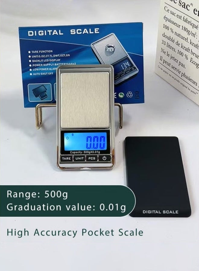 Digital Precision Gram Scale, 0.001oz/0.01g 500g Mini Pocket Scale, Portable Electronic Weight Jewelry Scales, Tare, Auto Off, Stainless Steel. - Image 1