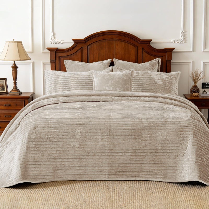 COCOPLOCEUS Quilt Set Oversized King Size 120x128 Luxurious Velvet Bedding Sets with 2 Pillow Shams 20x36 3 Pieces Ultra Soft Quilted Striped Bedspread Coverlet Comforter for All Season,Beige - Image 1