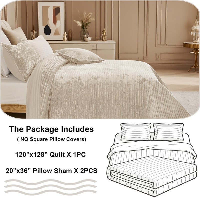 COCOPLOCEUS Quilt Set Oversized King Size 120x128 Luxurious Velvet Bedding Sets with 2 Pillow Shams 20x36 3 Pieces Ultra Soft Quilted Striped Bedspread Coverlet Comforter for All Season,Beige - Image 5