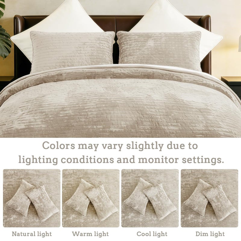 COCOPLOCEUS Quilt Set Oversized King Size 120x128 Luxurious Velvet Bedding Sets with 2 Pillow Shams 20x36 3 Pieces Ultra Soft Quilted Striped Bedspread Coverlet Comforter for All Season,Beige - Image 2