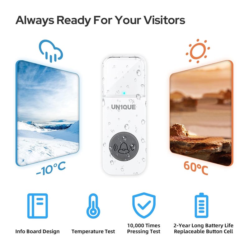 UN1QUE Wireless Door Bell for Home Small Calling Bell for Office 1000ft Long Range with 36 Chimes 100dB Louder Volume 4 Level Volume LED Light Info Board Design IP44 Waterproof - Image 3