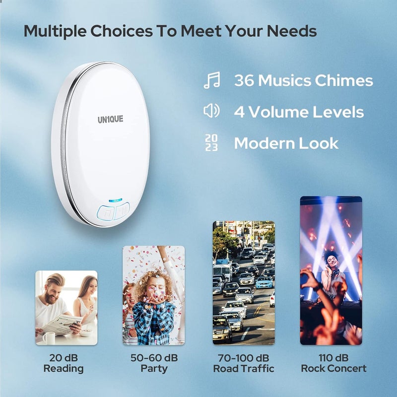 UN1QUE Wireless Door Bell for Home Small Calling Bell for Office 1000ft Long Range with 36 Chimes 100dB Louder Volume 4 Level Volume LED Light Info Board Design IP44 Waterproof - Image 5
