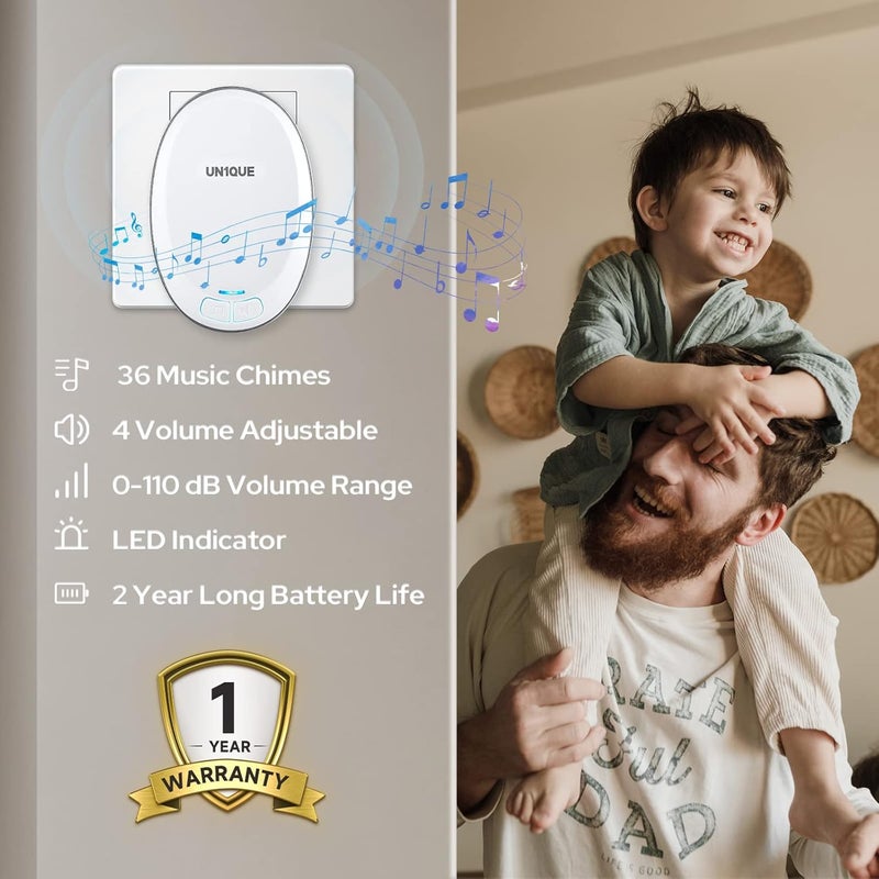 UN1QUE Wireless Door Bell for Home Small Calling Bell for Office 1000ft Long Range with 36 Chimes 100dB Louder Volume 4 Level Volume LED Light Info Board Design IP44 Waterproof - Image 2