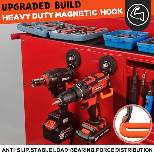 ULIBERMAGNET New Upgraded Heavy Duty Magnetic Garage Hooks,2 Pack Strong Large Magnet Hooks for Power Drill,Garden Tools,Hose,Pegboard,Garage, Workshop,Magnetic Storage Hook for Hanging(Orange) - Image 3