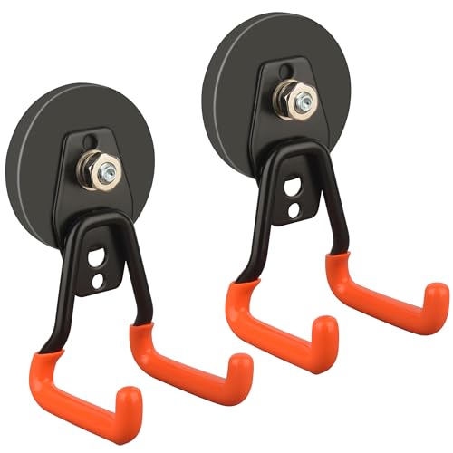 ULIBERMAGNET New Upgraded Heavy Duty Magnetic Garage Hooks,2 Pack Strong Large Magnet Hooks for Power Drill,Garden Tools,Hose,Pegboard,Garage, Workshop,Magnetic Storage Hook for Hanging(Orange) - Image 1
