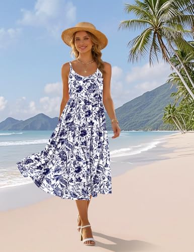 YESNO Women Summer Adjustable Spaghetti Strap Midi Sundress Boho Floral Casual Flowy Beach Dresses with Pockets L ESS CR458 - Image 4