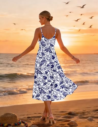 YESNO Women Summer Adjustable Spaghetti Strap Midi Sundress Boho Floral Casual Flowy Beach Dresses with Pockets L ESS CR458 - Image 5