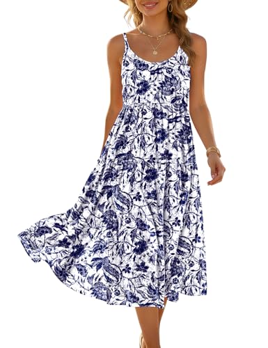 YESNO Women Summer Adjustable Spaghetti Strap Midi Sundress Boho Floral Casual Flowy Beach Dresses with Pockets L ESS CR458 - Image 1