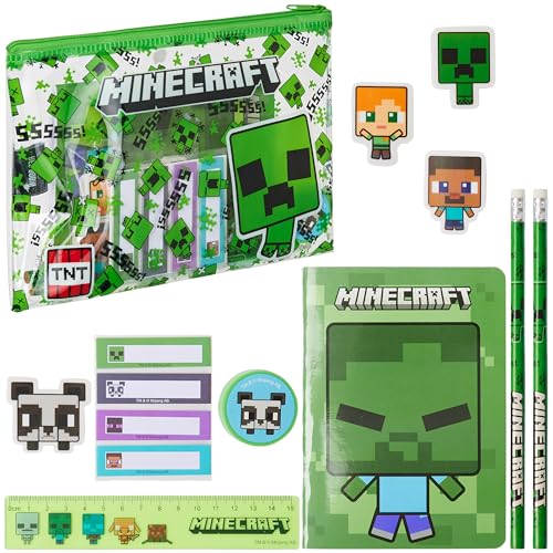 MINECRAFT حافظة أقلام مملوءة ومجموعة قرطاسية من ماينكرافت للأطفال، مستلزمات مدرسية - هدايا للأولاد (أخضر) - Image 1