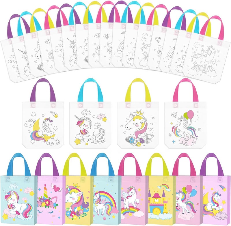 Kajaia Kajaia 24 Pcs Unicorn Party Favor Bags Color Your Own Unicorn Goodie Bags Non Woven Totes Candy Treat Gift DIY Coloring Crafts for Kids Art Painting Party Favors Supplies Birthday Gifts Wrapping  - Image 1
