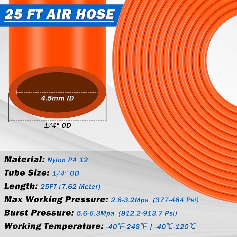 Taiidaues 25 FT 1/4" PA DOT Air Line with 7 Pcs Brass DOT Air Brake Line Fittings 1/4" Air Line Service Kit for Air Spring Bag Suspension Kit with Fittings, Inflation Schrader Valves (7.6 Meters) - Image 3