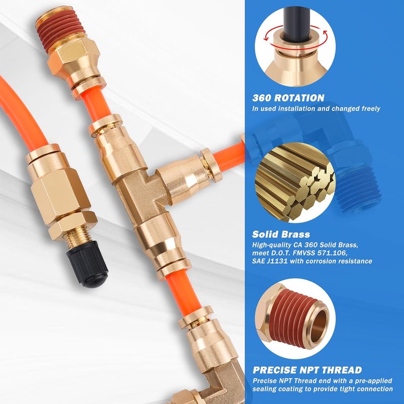 Taiidaues 25 FT 1/4" PA DOT Air Line with 7 Pcs Brass DOT Air Brake Line Fittings 1/4" Air Line Service Kit for Air Spring Bag Suspension Kit with Fittings, Inflation Schrader Valves (7.6 Meters) - Image 5