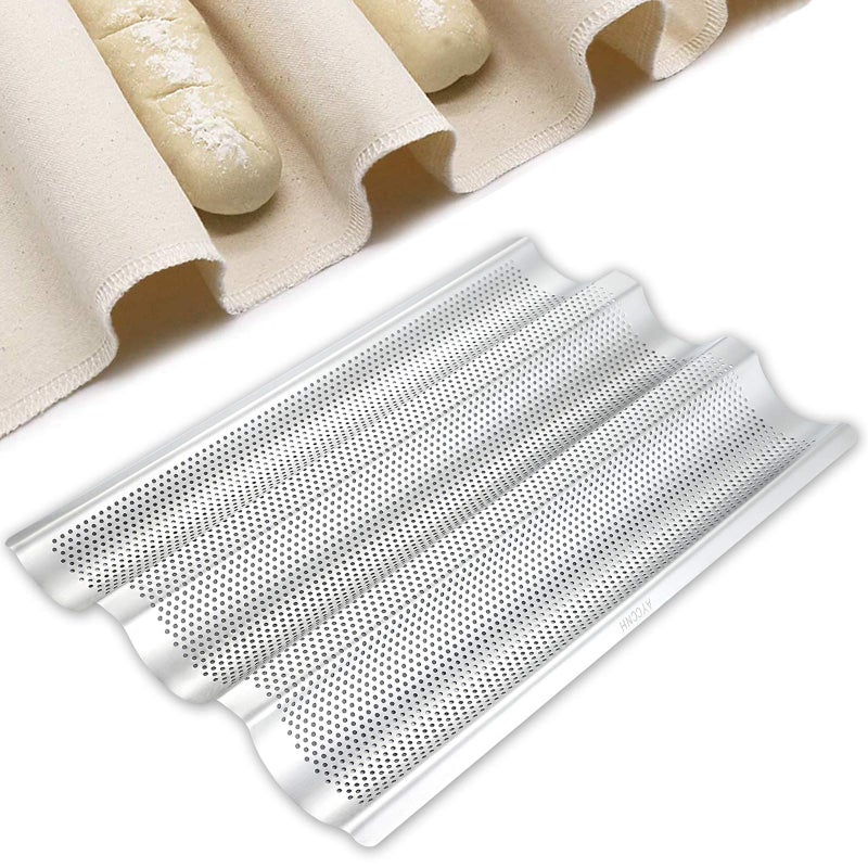 AYCCNH AYCCNH Stainless Steel Perforated French Baguette Bread Pan 3 Waves Toaster Oven Baking Tray 15x10 with Large Bread Proofing Cloth 177 x 303