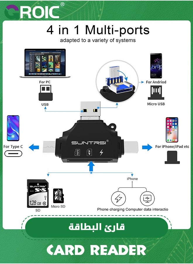 GROIC - 4 in 1 SD Card Reader for iPhone ipad Android Mac PC Camera, Micro SD Card Reader SD Card Adapter Portable Memory Card Reader Trail Camera Viewer Compatible for SD and TF Card - Image 1