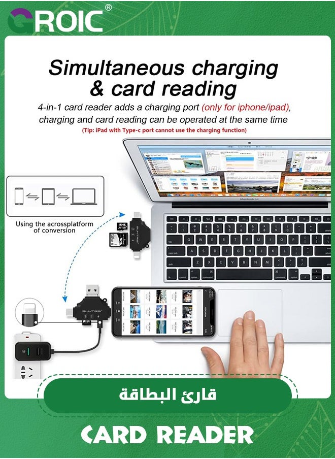 GROIC - 4 in 1 SD Card Reader for iPhone ipad Android Mac PC Camera, Micro SD Card Reader SD Card Adapter Portable Memory Card Reader Trail Camera Viewer Compatible for SD and TF Card - Image 1