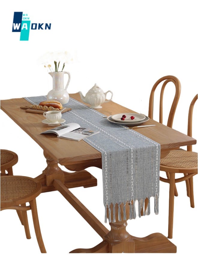 WAOKN 33cm x 183cm Polyester Table Runner, Boho Style Handmade Tassel Embroidered Table Runner for Holiday Parties and Catering Home Decoration (Blue)  - Image 1