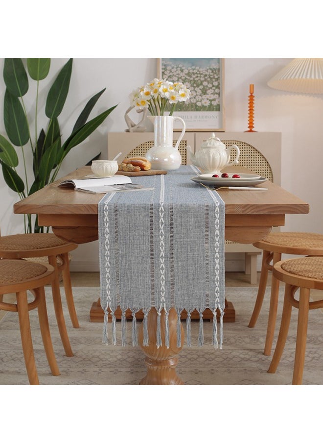 WAOKN 33cm x 183cm Polyester Table Runner, Boho Style Handmade Tassel Embroidered Table Runner for Holiday Parties and Catering Home Decoration (Blue)  - Image 3