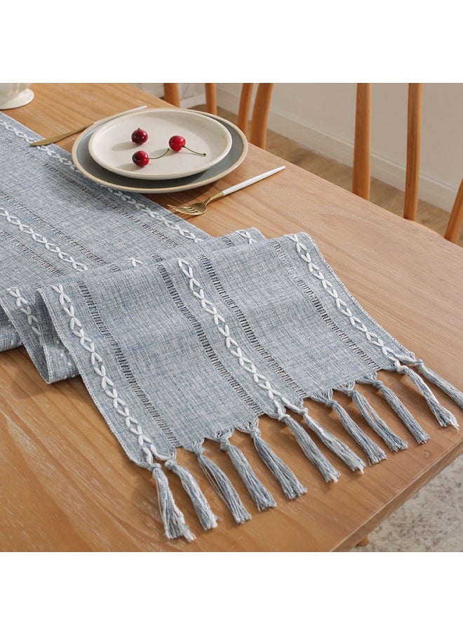 WAOKN 33cm x 183cm Polyester Table Runner, Boho Style Handmade Tassel Embroidered Table Runner for Holiday Parties and Catering Home Decoration (Blue)  - Image 4