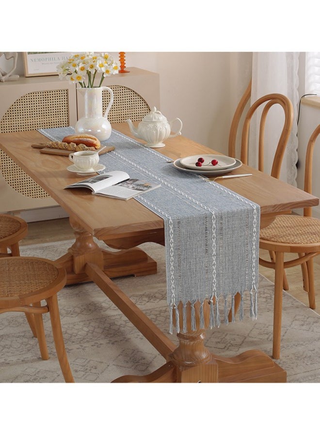 WAOKN 33cm x 183cm Polyester Table Runner, Boho Style Handmade Tassel Embroidered Table Runner for Holiday Parties and Catering Home Decoration (Blue)  - Image 2