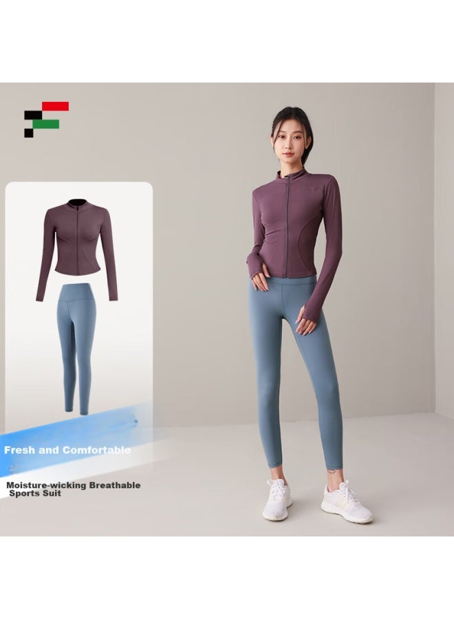 Fandimu Sports Yoga Outfit For Women, Slimming Fitness Running Stand-collar Jacket And Long Pants, Charismatic Purple + Misty Blue, Size S - Image 1