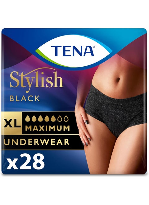 Tena Stylish Black Incontinence Bladder Control Underwear for Women, Maximum Absorbency, XLarge, 28 ct (2 Packs of 14)