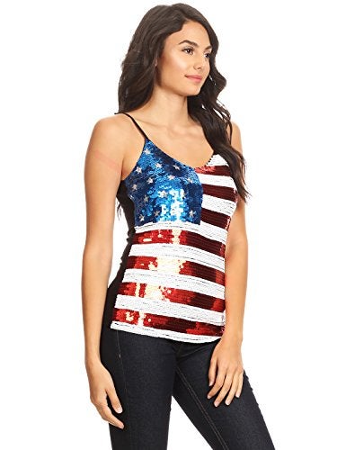 Anna-Kaci Womens Patriotic USA Flag American Sequin V Neck Cami Tank Top, Multicolored, Small - Image 3