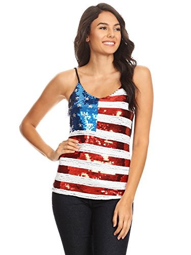 Anna-Kaci Womens Patriotic USA Flag American Sequin V Neck Cami Tank Top, Multicolored, Small - Image 1