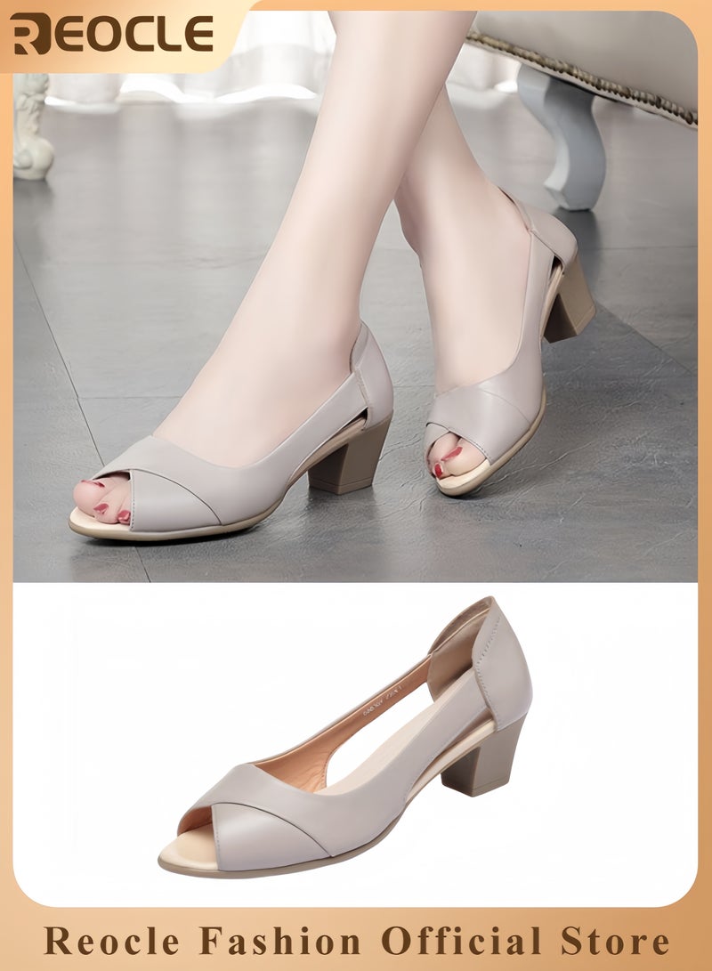 REOCLE Women's Non-slip Genuine Leather Sandals Summer Casual Leather Shoes Open Toe Chunky Heel Fashion Comfortable Work Office Dress Shoes - Image 1