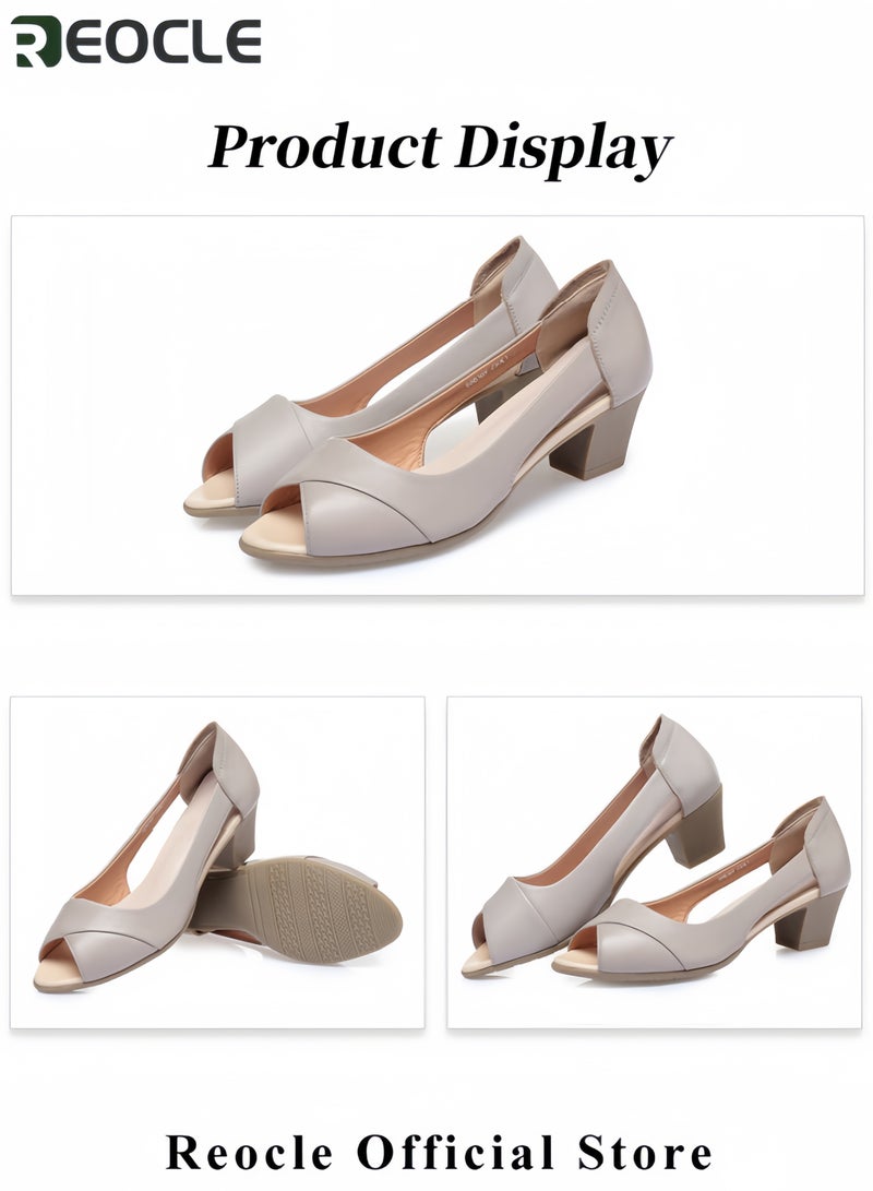 REOCLE Women's Non-slip Genuine Leather Sandals Summer Casual Leather Shoes Open Toe Chunky Heel Fashion Comfortable Work Office Dress Shoes - Image 5