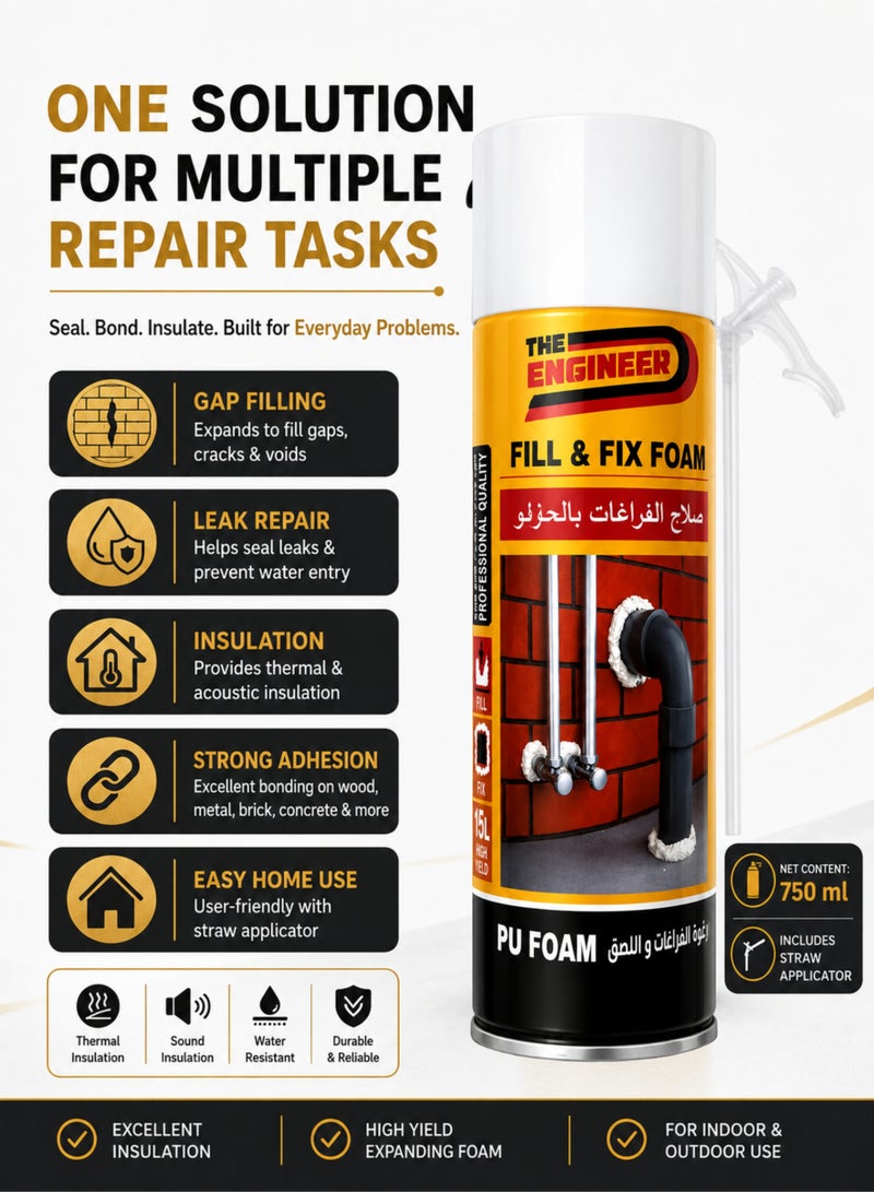 إنجينير رغوة البولي يوريثان "Fill & Fix" (عبوة سعة 300 مل - مجموعة من قطعتين) | رغوة بولي يوريثان متمددة متعددة الاستخدامات | تمدد عالٍ، وسرعة في الجفاف، وقوة التصاق فائقة | مادة عازلة لسد الفراغات والشقوق وحول الأنابيب والنوافذ والأبواب | تقنية ألمانية - Image 3